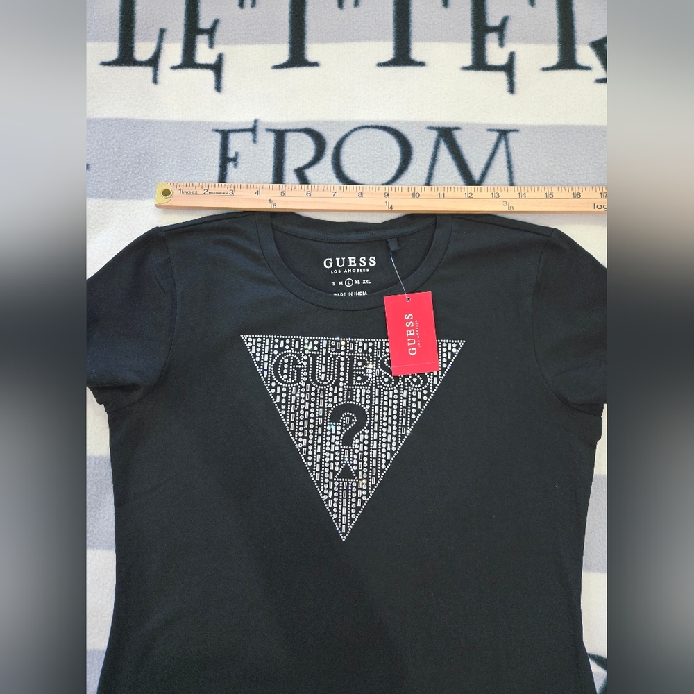 GUESS T-Shirt Women's Black Rhinestone Bling Triangle Logo Large NEW - Picture 13 of 13